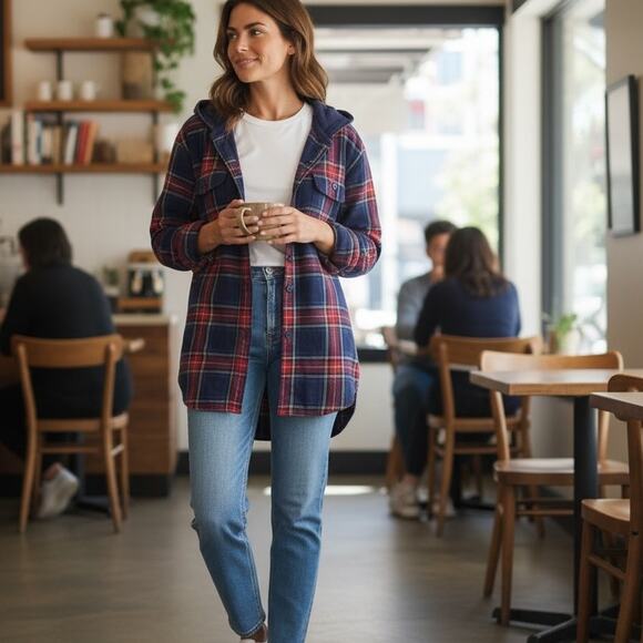 L.L. Bean Cotton Shacket Womens Medium Red & Blue Plaid Hooded Shirt Jacket - Picture 8 of 9